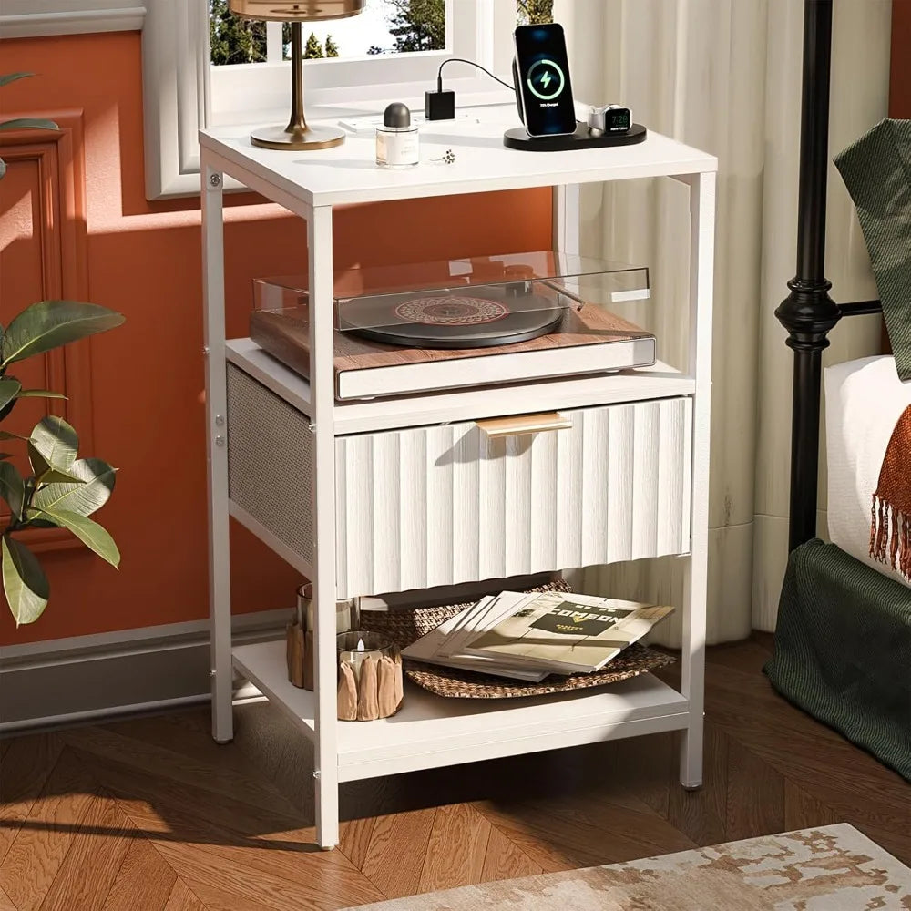 Nightstands Set of 2 with Fabric Drawers, Fluted Nightstands with Charging Station,