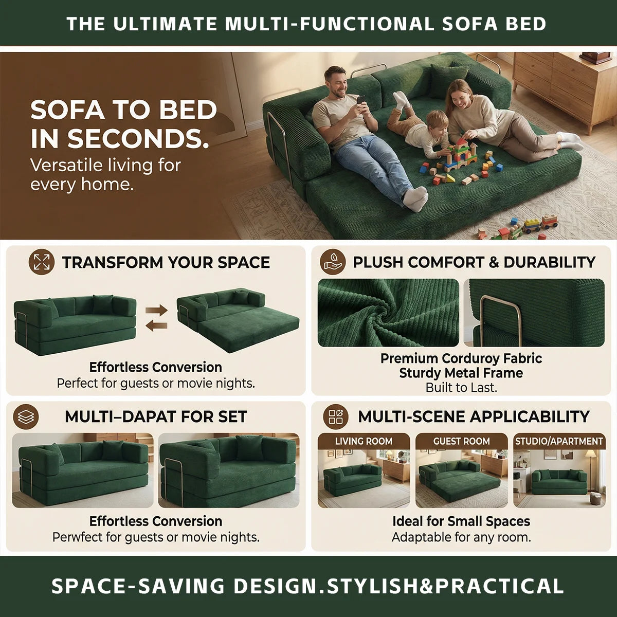 Futon Sofa Bed light or dark gray Convertible Couch 4-in-1 Folding Corduroy Boneless Sleeper Loveseat for Living Room
