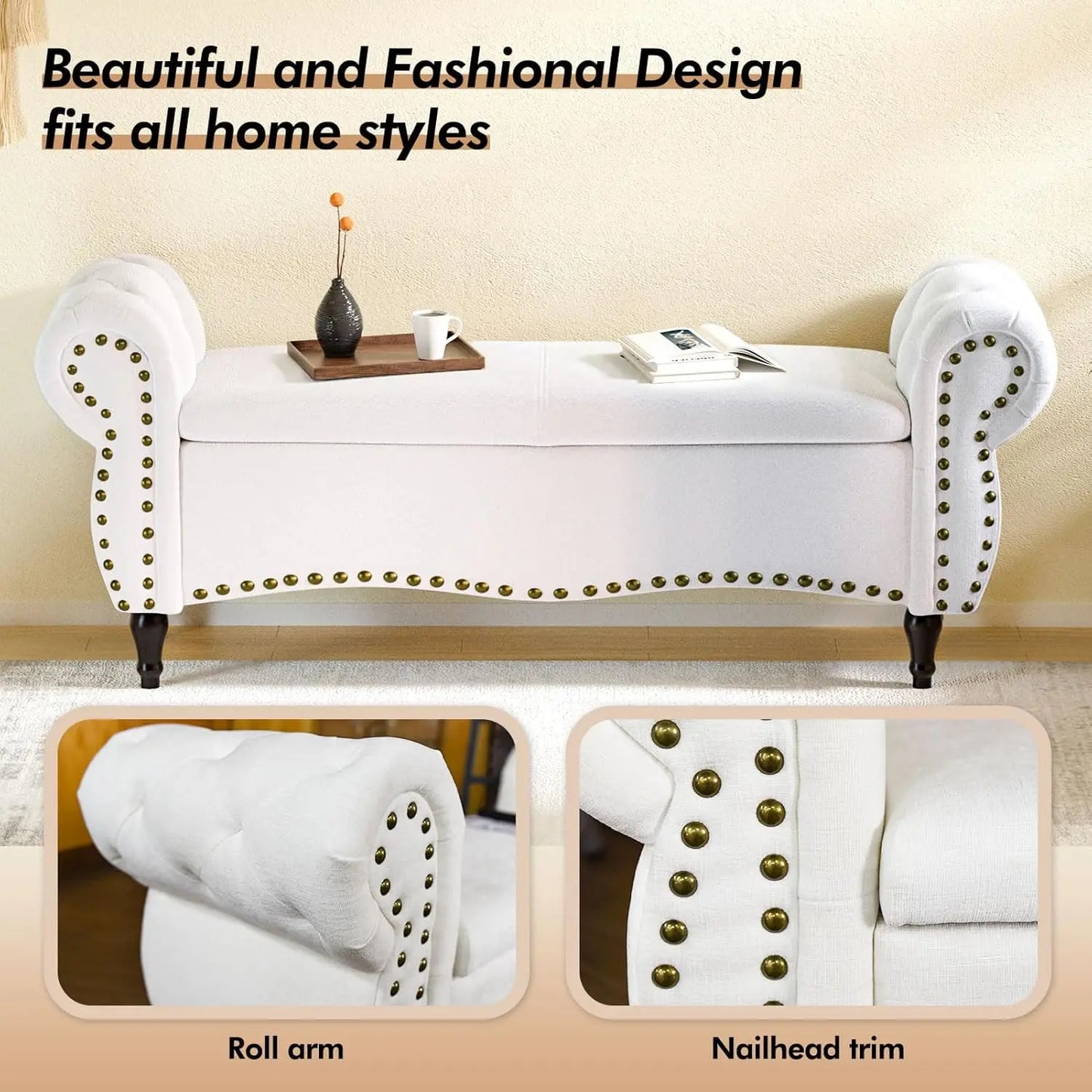 53in Storage Ottoman Bench with Safety Hinge and Nailhead Trim, End of Bed Storage Bench for Bedroom, Living Room,