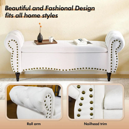 53in Storage Ottoman Bench with Safety Hinge and Nailhead Trim, End of Bed Storage Bench for Bedroom, Living Room,