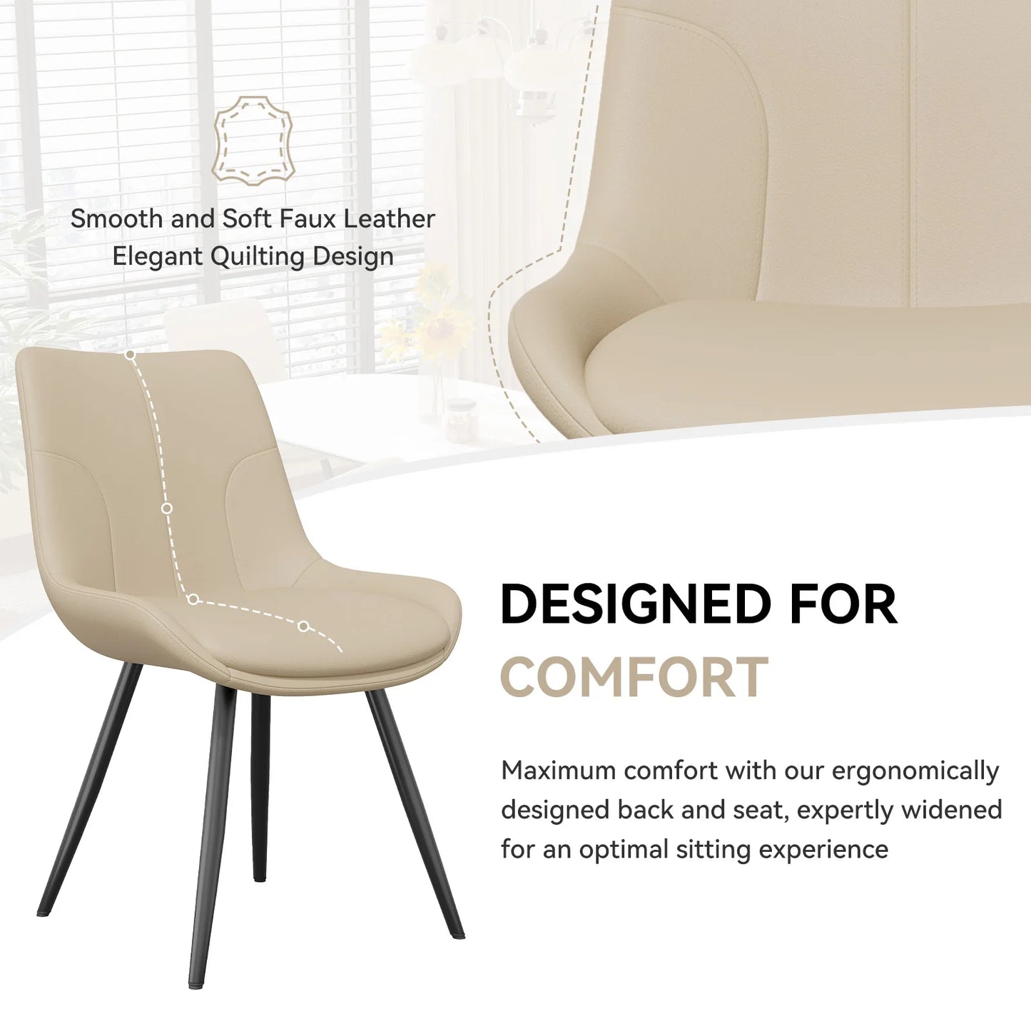 Upholstered Dining Chairs Set of 2 Modern Faux Leather Dining Room Chairs with Thick Cushion and Metal Legs