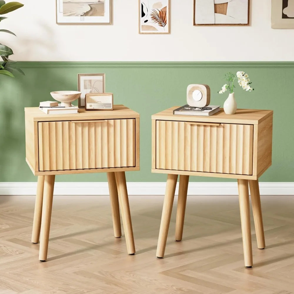 Nightstands Set of 2 with Fabric Drawers, Fluted Nightstands with Charging Station,