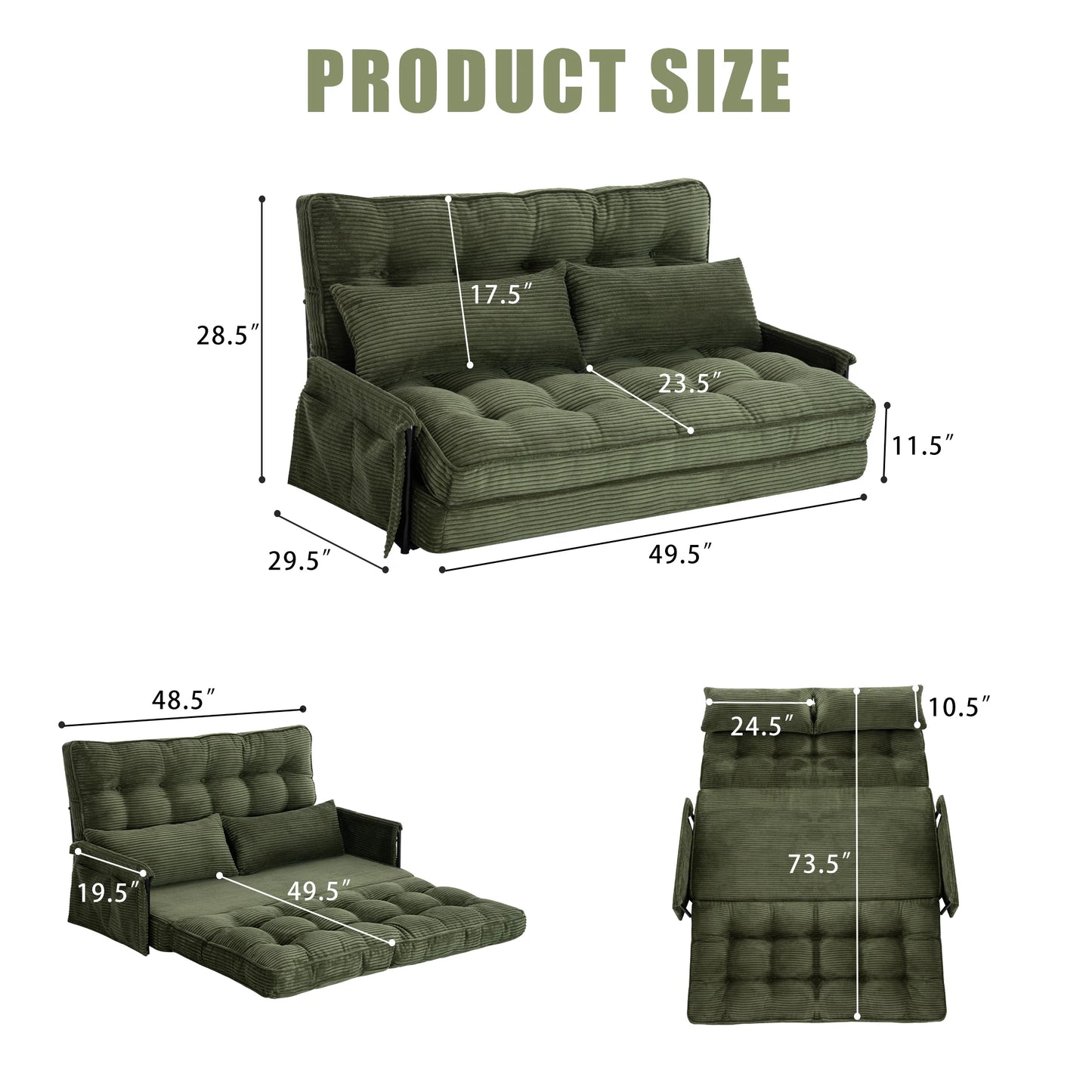 Corduroy Convertible Sofa Bed Foldable Single Couch with Pillows Adjustable Backrest for Small Apartment Bedroom
