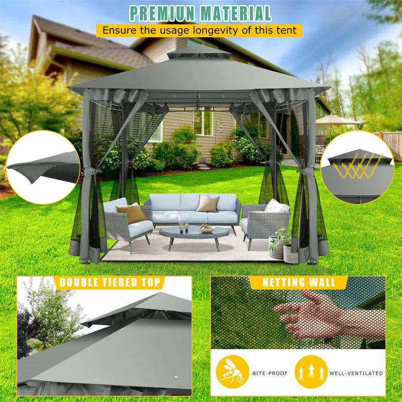 10×10 Gazebo with Cold-Proof Curtains Nettings,Heavy Duty Gazebo Double Roof with Metal Frame,Tents for Patio, Deck,Backyard