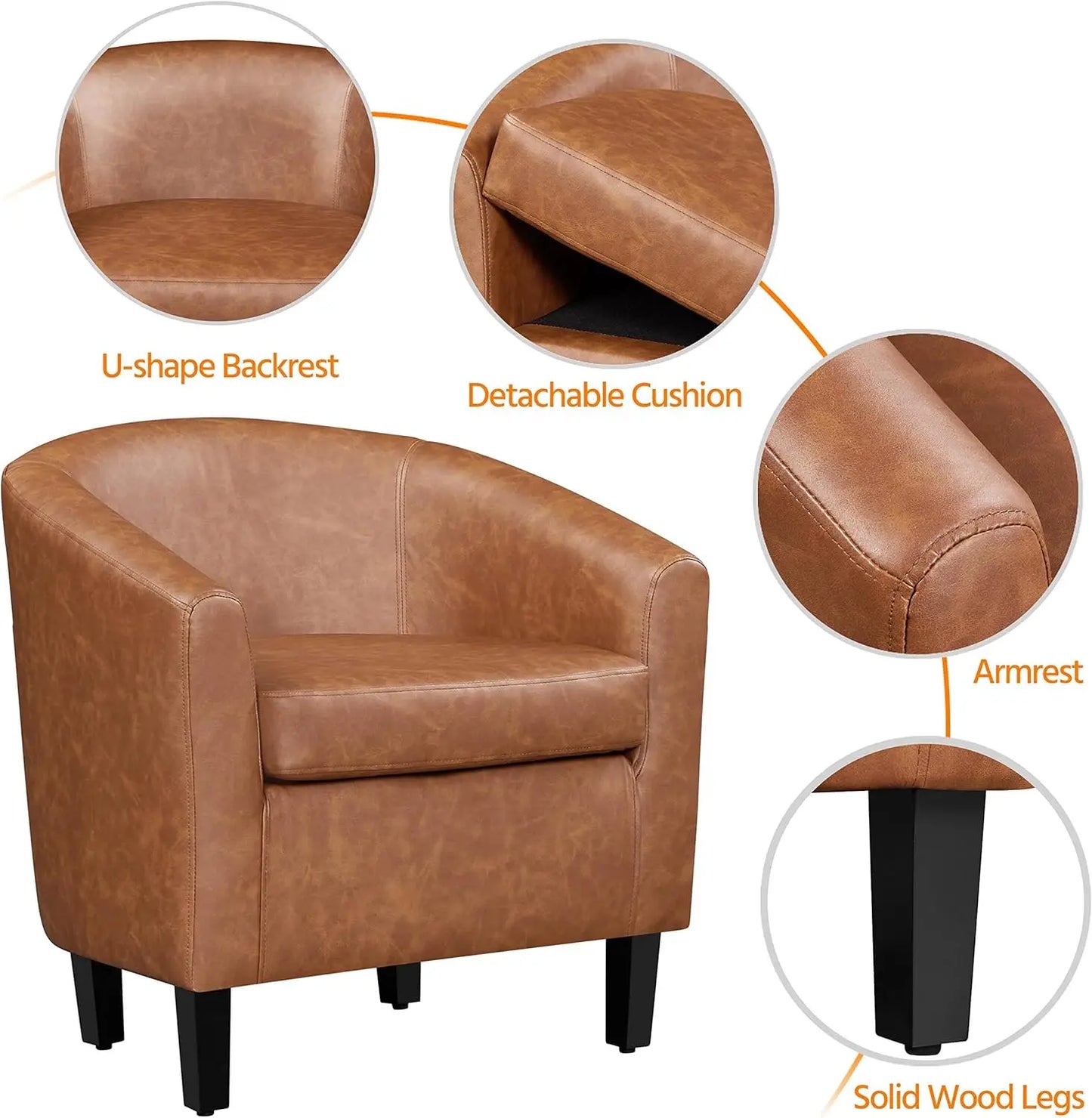 Accent Chairs Set of 2, Faux Leather Barrel Chairs Comfy Club Chairs, Modern Leather Armchairs with Soft Seat