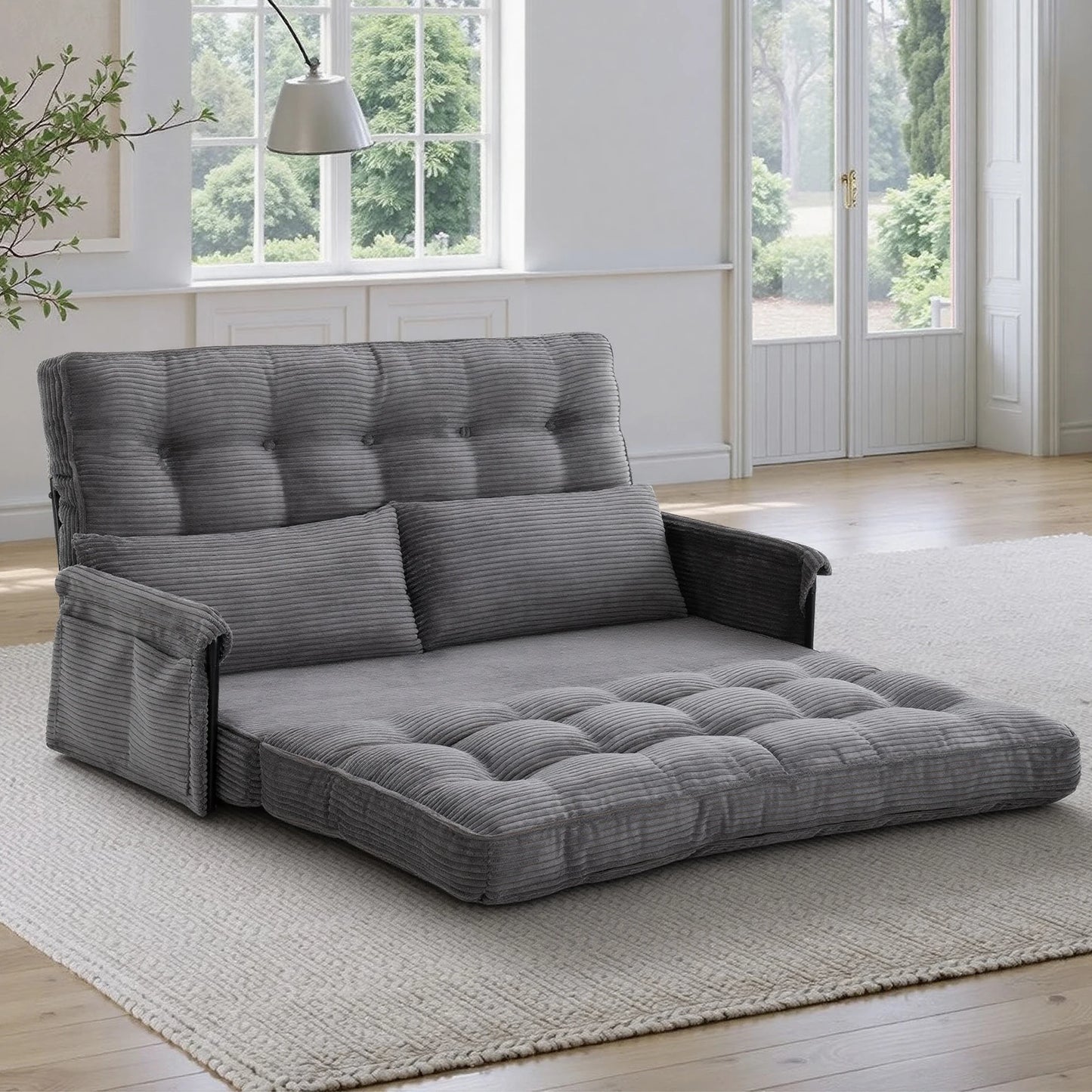 Corduroy Convertible Sofa Bed Foldable Single Couch with Pillows Adjustable Backrest for Small Apartment Bedroom