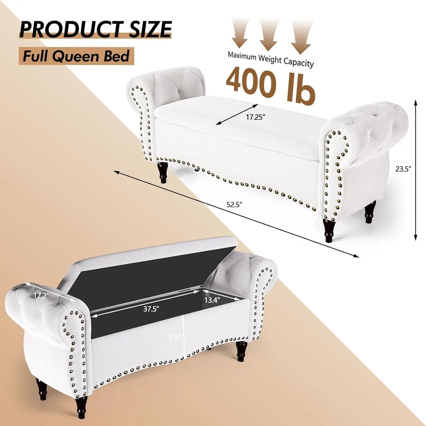 53in Storage Ottoman Bench with Safety Hinge and Nailhead Trim, End of Bed Storage Bench for Bedroom, Living Room,