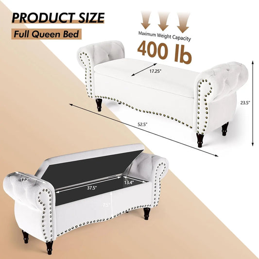 53in Storage Ottoman Bench with Safety Hinge and Nailhead Trim, End of Bed Storage Bench for Bedroom, Living Room,