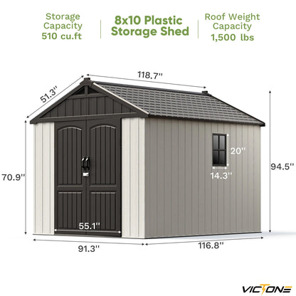 8' X 10' Plastic Outdoor Storage Shed with Floor, Resin shed With Window And Lockable Door For Garden, Backyard, Beige