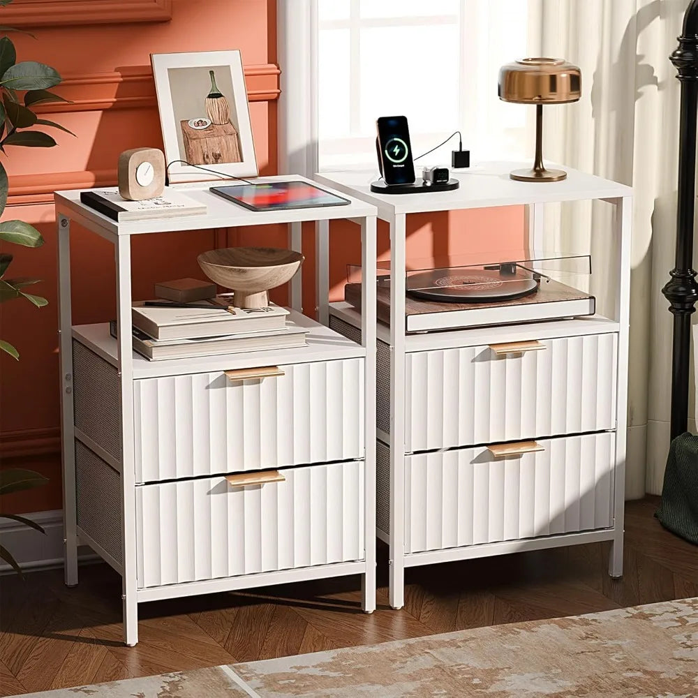 Nightstands Set of 2 with Fabric Drawers, Fluted Nightstands with Charging Station,