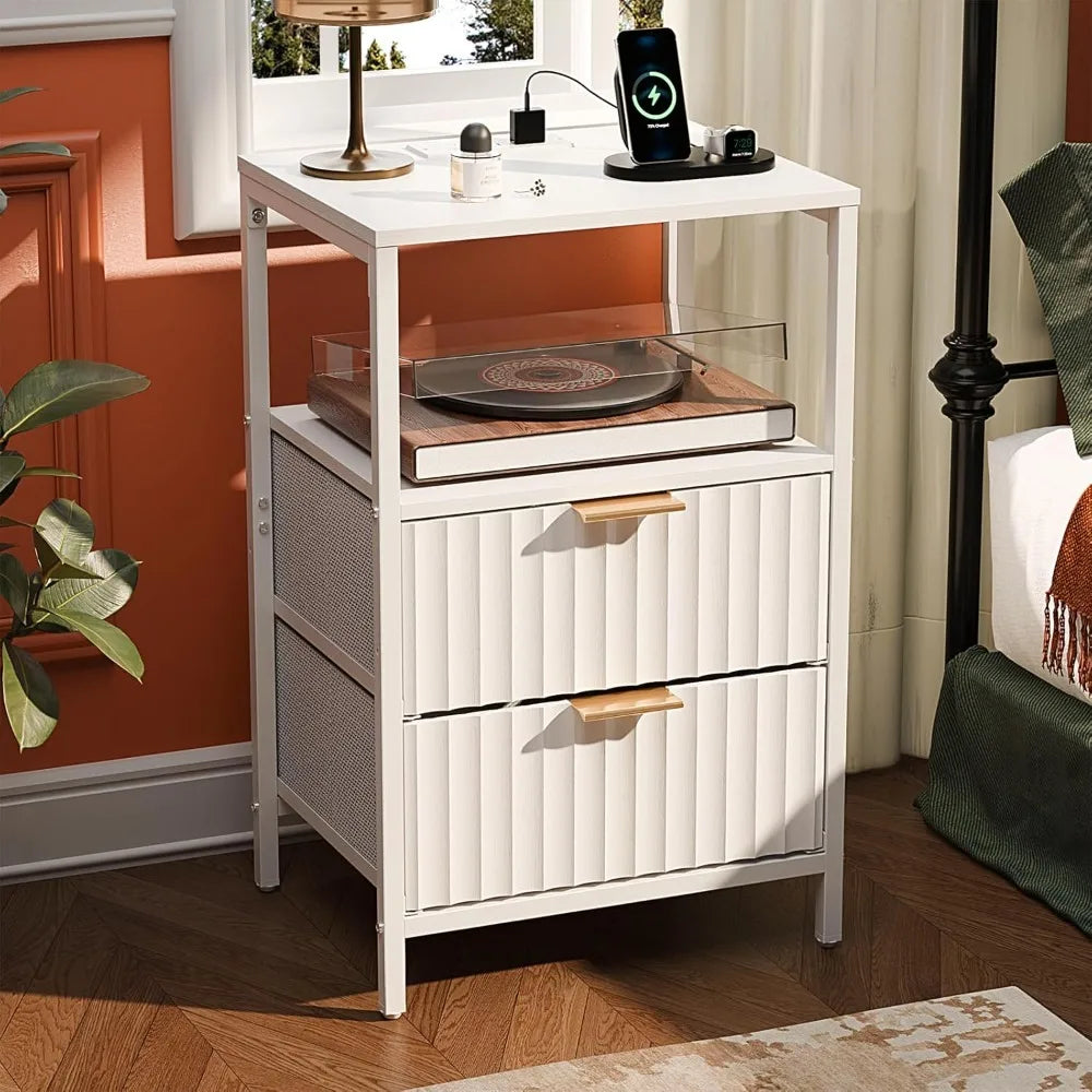 Nightstands Set of 2 with Fabric Drawers, Fluted Nightstands with Charging Station,