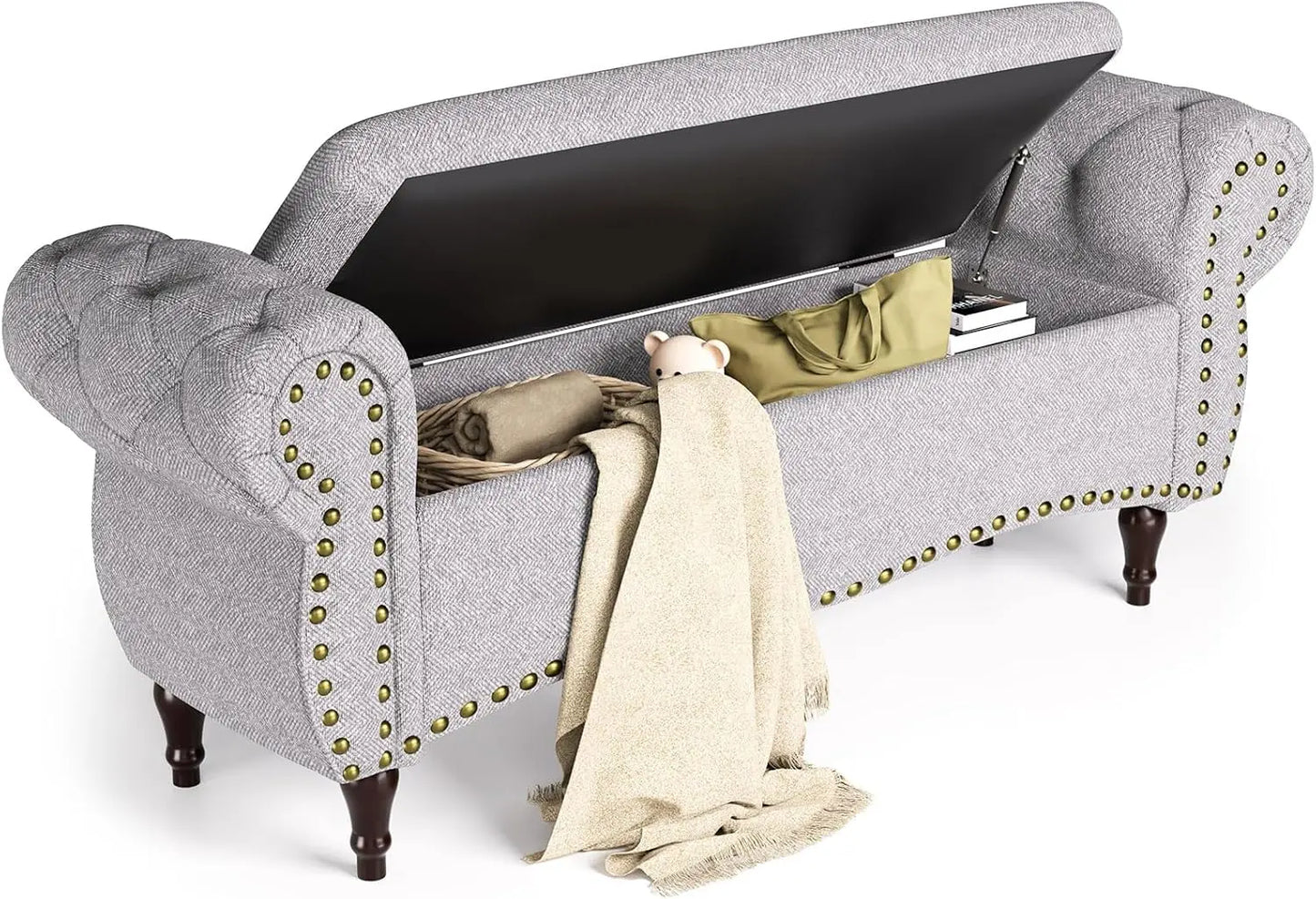 53in Storage Ottoman Bench with Safety Hinge and Nailhead Trim, End of Bed Storage Bench for Bedroom, Living Room,