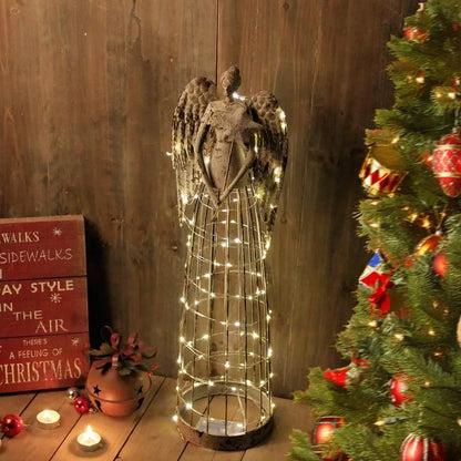 26 Inch Tall Antiqued Metal Garden Angel Statue with Star Wand, Indoor Outdoor Yard Art Decor Lawn Patio Decorations