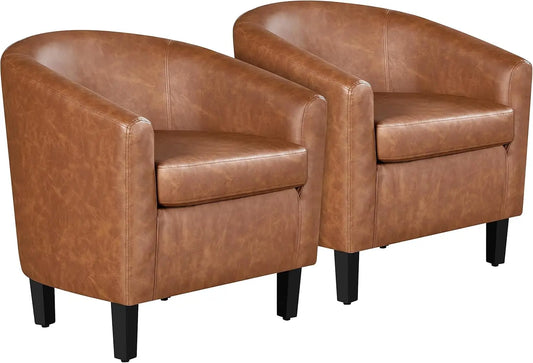 Accent Chairs Set of 2, Faux Leather Barrel Chairs Comfy Club Chairs, Modern Leather Armchairs with Soft Seat