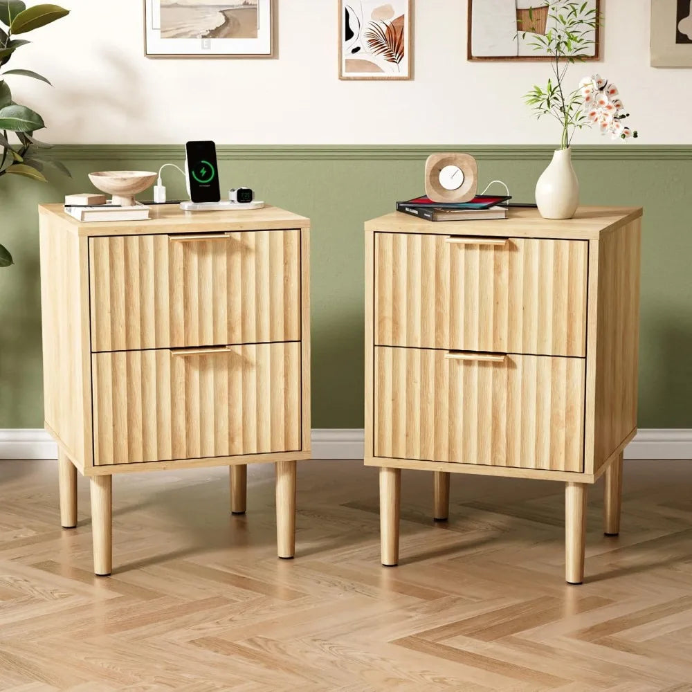 Nightstands Set of 2 with Fabric Drawers, Fluted Nightstands with Charging Station,
