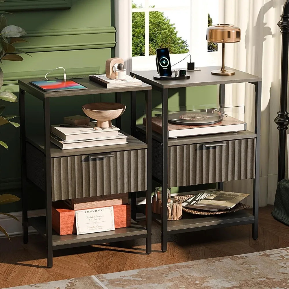 Nightstands Set of 2 with Fabric Drawers, Fluted Nightstands with Charging Station,