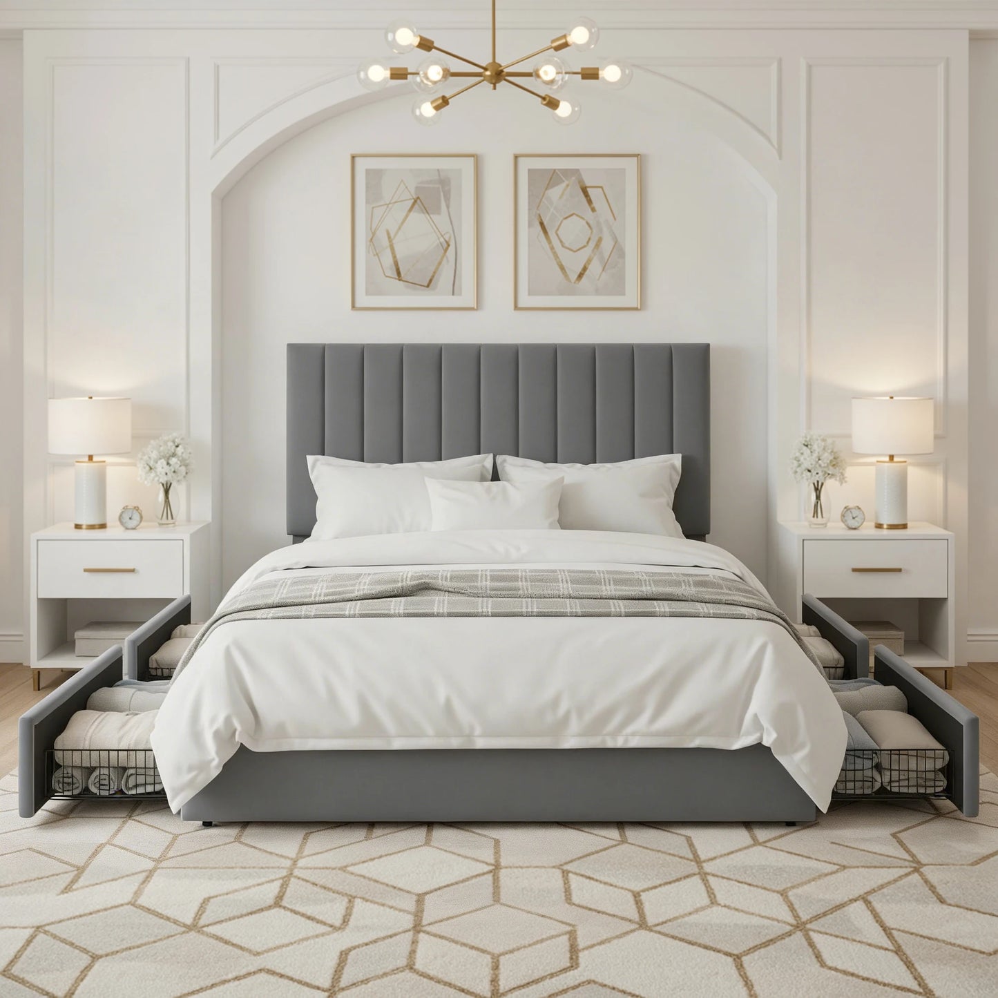 Full/Queen/King Velvet Storage Bed Frame with Adjustable Vertical Channel Headboard,4 Large Drawers, No Box Spring Needed