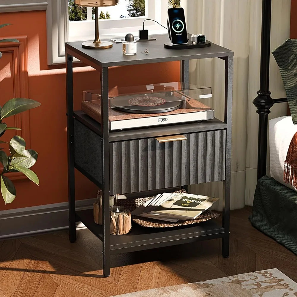 Nightstands Set of 2 with Fabric Drawers, Fluted Nightstands with Charging Station,