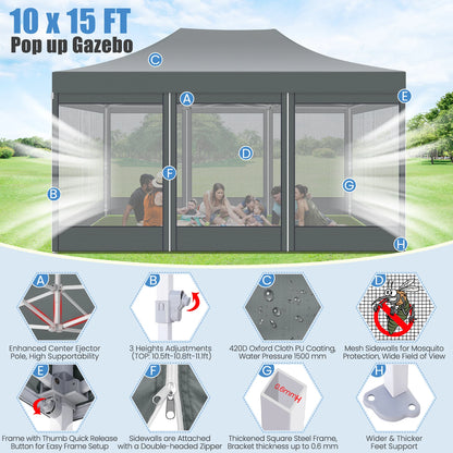 10x15 FT Heavy Duty Pop Up Canopy with 4 Sidewalls, Commercial Gazebo Party Tent with Mosquito Netting Wall Easy Set Up Outdoor