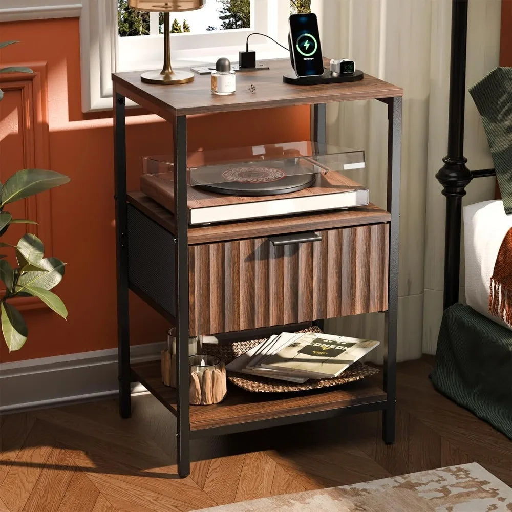 Nightstands Set of 2 with Fabric Drawers, Fluted Nightstands with Charging Station,