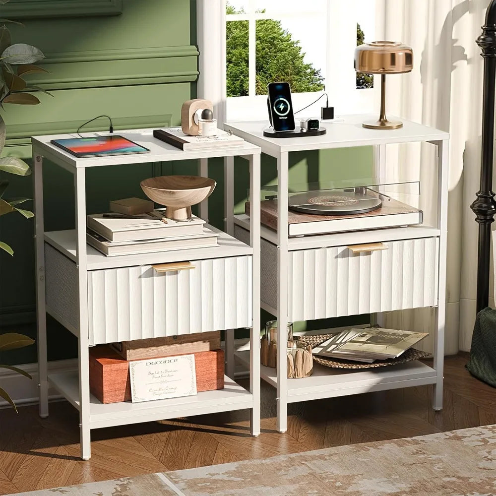 Nightstands Set of 2 with Fabric Drawers, Fluted Nightstands with Charging Station,
