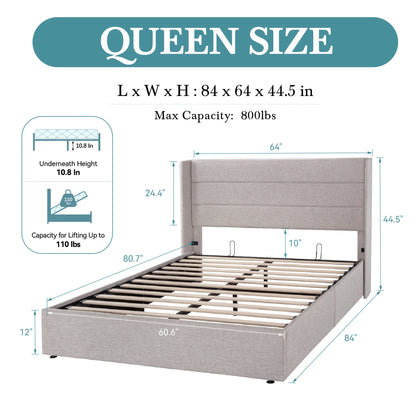 Lift Up Storage Bed with Wingback Headboard/Heavy-Duty Hydraulic Bed/Large Underneath Storage Allewie