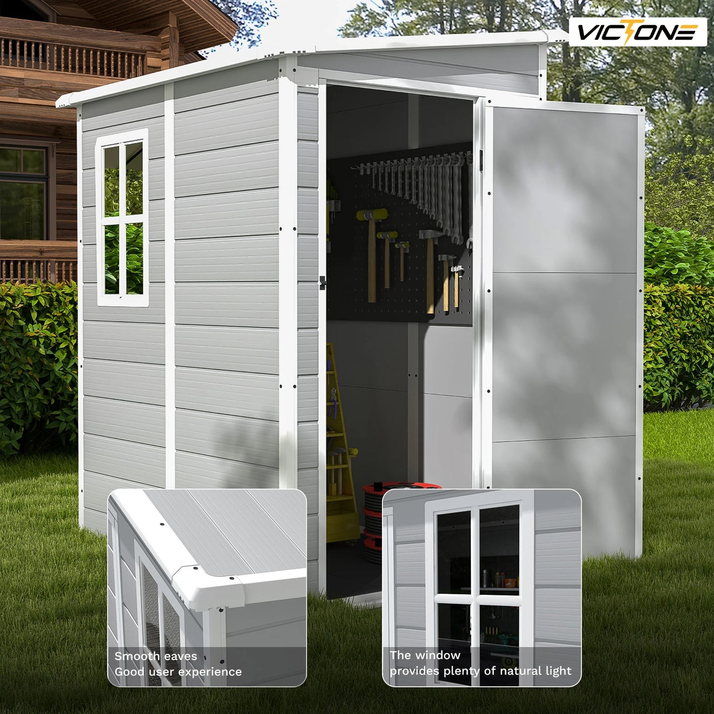 5x4 FT Plastic Outdoor Storage shed With Floor, Resin Storage shed &Lockable & Window Door For Patio Furniture