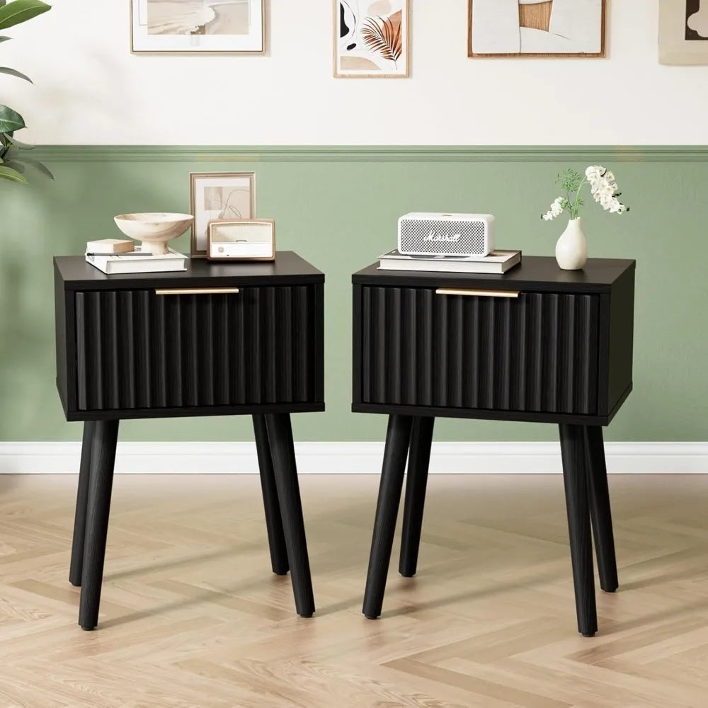 Nightstands Set of 2 with Fabric Drawers, Fluted Nightstands with Charging Station,