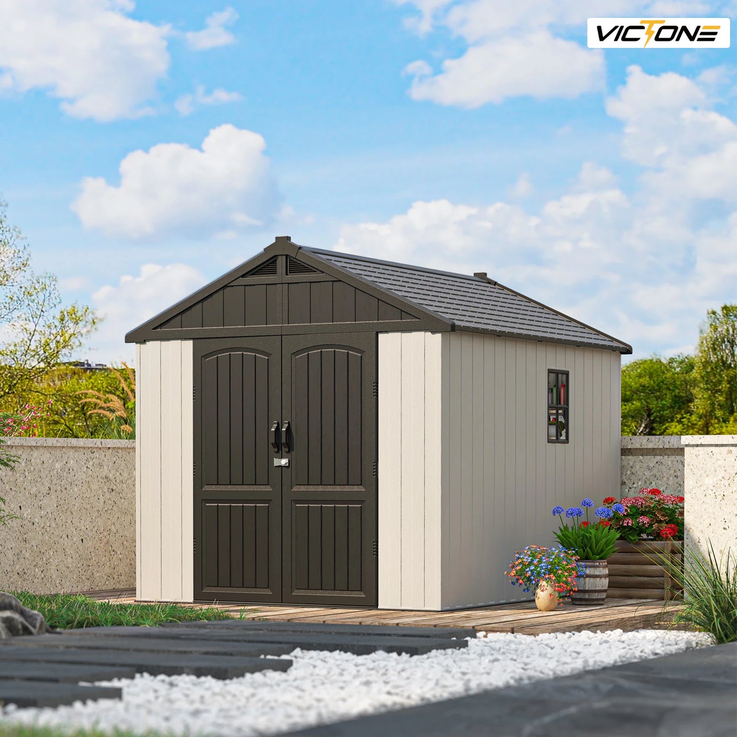 8' X 10' Plastic Outdoor Storage Shed with Floor, Resin shed With Window And Lockable Door For Garden, Backyard, Beige