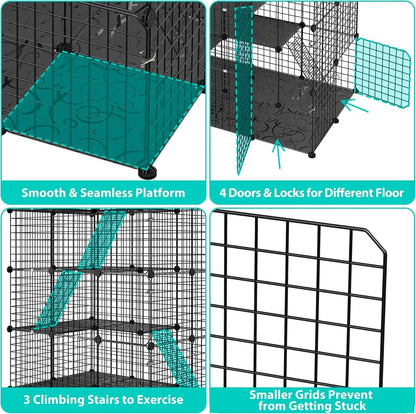 4-Tier Cat Cage Indoor Enclosure DIY Cat Playpen Metal Kennel with Extra Large Hammock, Catio Ideal for 1-3 Cats, F