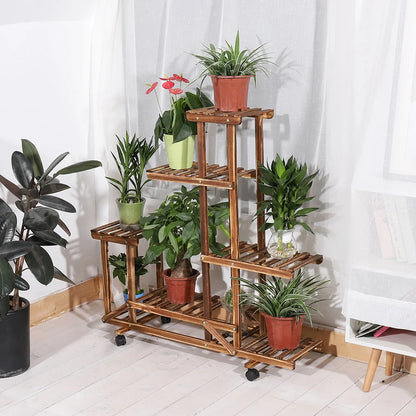 wheels Wooden Plant Stand with Wheels Multi-Layer Rolling Plant Flower Display Shelf Indoor Movable Storage Rack Holder Outdoor fo