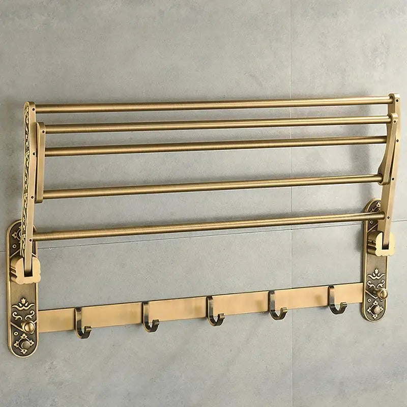 Aluminum Foldable Antique Brass Bath Towel Rack Active Bathroom Towel Holder Double Towel Shelf With Hooks Bathroom Accessories