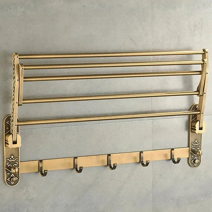 Aluminum Foldable Antique Brass Bath Towel Rack Active Bathroom Towel Holder Double Towel Shelf With Hooks Bathroom Accessories