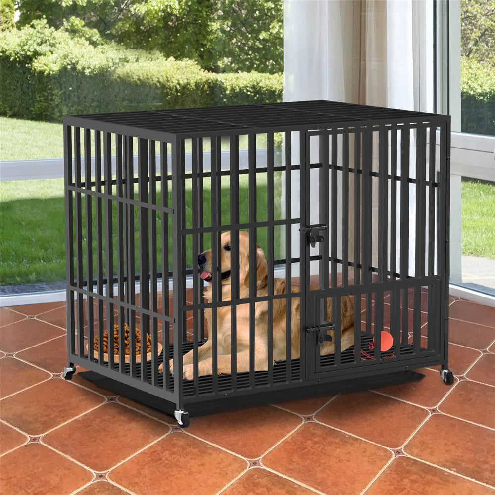 Bingopaw 37” & 46” Heavy Duty Dog Cage Metal Pet Dog Crate 3 Doors Locks Design Kennel Playpen with 4 Wheels Removable Tray