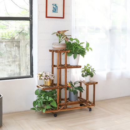 wheels Wooden Plant Stand with Wheels Multi-Layer Rolling Plant Flower Display Shelf Indoor Movable Storage Rack Holder Outdoor fo