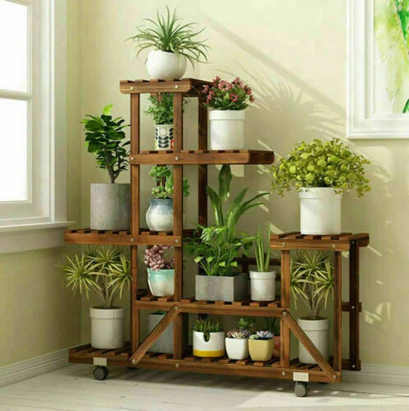 wheels Wooden Plant Stand with Wheels Multi-Layer Rolling Plant Flower Display Shelf Indoor Movable Storage Rack Holder Outdoor fo
