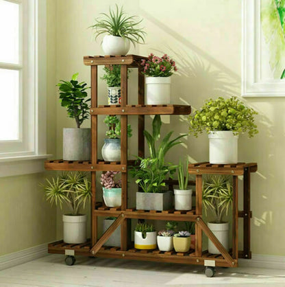 wheels Wooden Plant Stand with Wheels Multi-Layer Rolling Plant Flower Display Shelf Indoor Movable Storage Rack Holder Outdoor fo