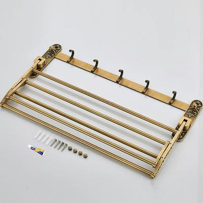 Aluminum Foldable Antique Brass Bath Towel Rack Active Bathroom Towel Holder Double Towel Shelf With Hooks Bathroom Accessories