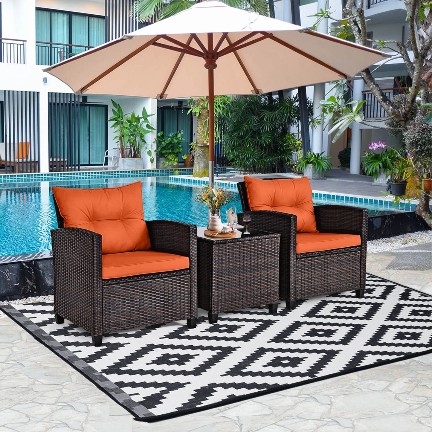 3 PCS Patio Rattan Furniture Set Cushioned Conversation Set  Orange