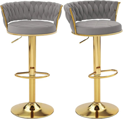 Velvet Adjustable Bar Stools Set of 2, Max Load 400 Lbs, Modern Upholstered Swivel Barstools with Woven Back, Footrests, Adjust