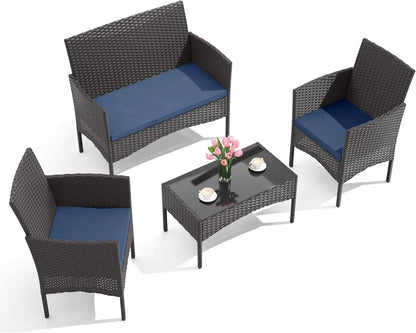 4-Piece Outdoor Patio Furniture Set, Wicker Rattan Chairs & Sofa with Cushions and Glass Coffee Table, Conversation Set for Back