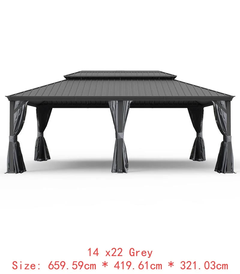 14x24 Hardtop Gazebo, Upgraded Metal Canopy with Drainage, Dual-Layer Galvanized Steel Roof, Includes Curtains & Netting,