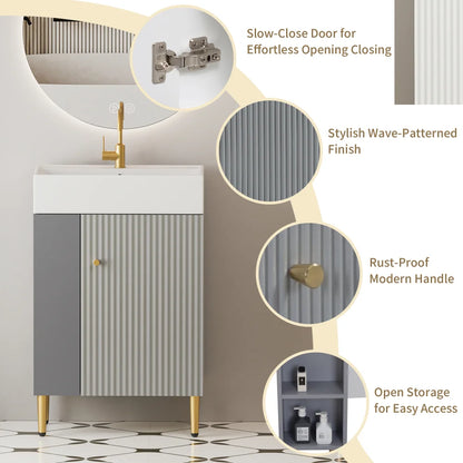 21.6" Open-shelving Bathroom Vanity with Ceramic Sink and Soft-Closing Door, Cloakroom Open Shelf Storage Cabinet on the Left