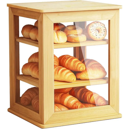 Bread Box,Pastry Display Case for  Kitchen Counter, Wooden Large Capacity Bread and fruit Storage Bin