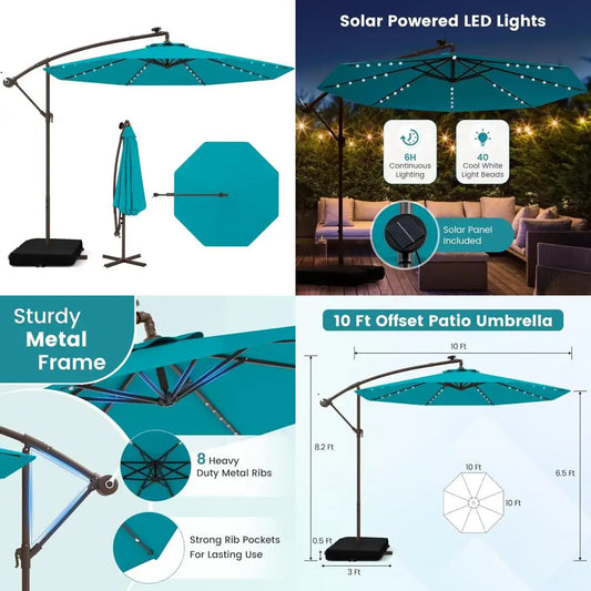 10 Foot Cantilever Patio Umbrella with Solar LED Lights, Tilt and Crank Operation, and Included Base