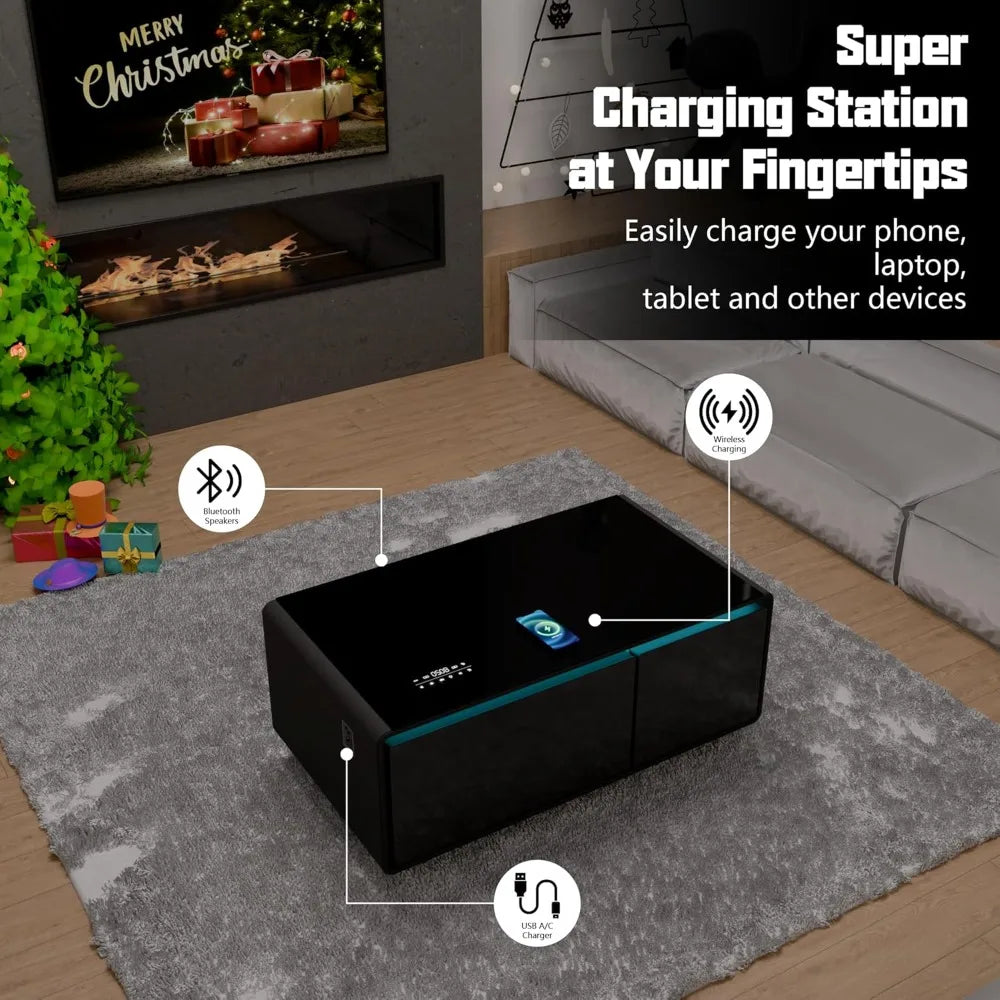 Smart Coffee Table, Living Room Table with Built in Fridge, 23" D x 41.5" W x 18.2" H, 15W Wireless Charging, USB Chargers