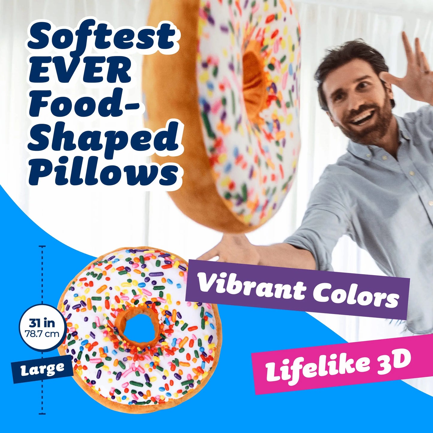 3D Sprinkle Donut Throw Pillow - Made with Super Soft & Ultra Premium Fabric - Cute, Comfortable, Plush Stuffed Doughnut Cake