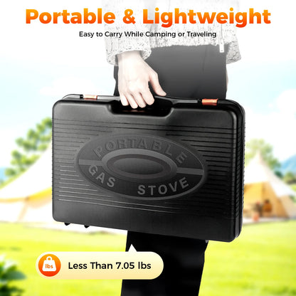 Portable Butane Camping Stove with Storage Box, Overpressure Protection & Adjustable Precise Heat Control for Outdoor Cooking