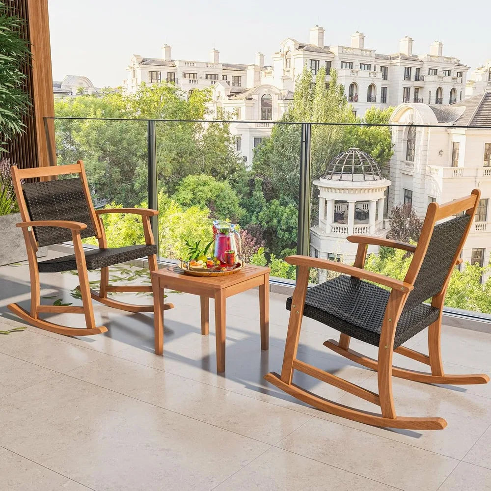 Patio Rocking Chair Set ,3 pieces Patiojoy Acacia Wood Rocker with Side Table, Outdoor Chairs with Wicker Rattan Seat & Backres