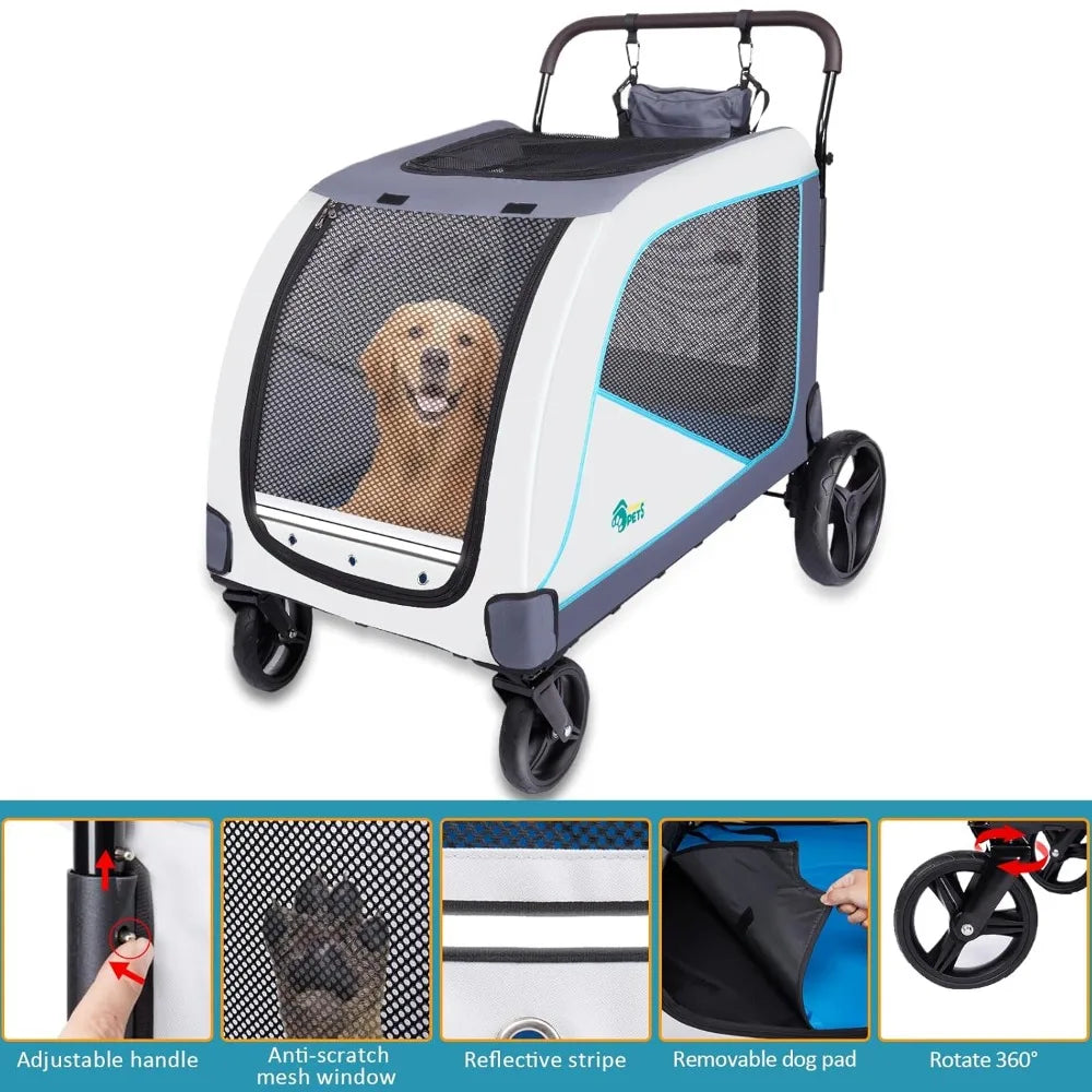 Extra-Large Dog Stroller for Large Dogs Up to 154lbs, with Hanging Storage Bag, Foldable Dog Wagon with Adjustable Handle